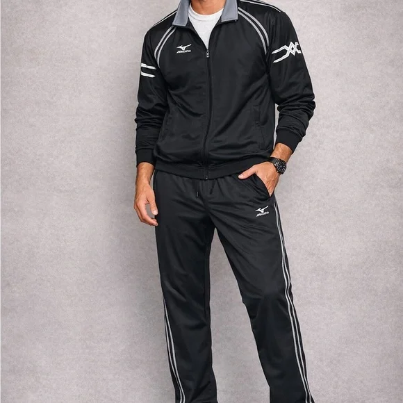 Mizuno Black Track Suit Set Men’s Large Athletic Jacket & Pants Warm Up Jogger! - Picture 2 of 7